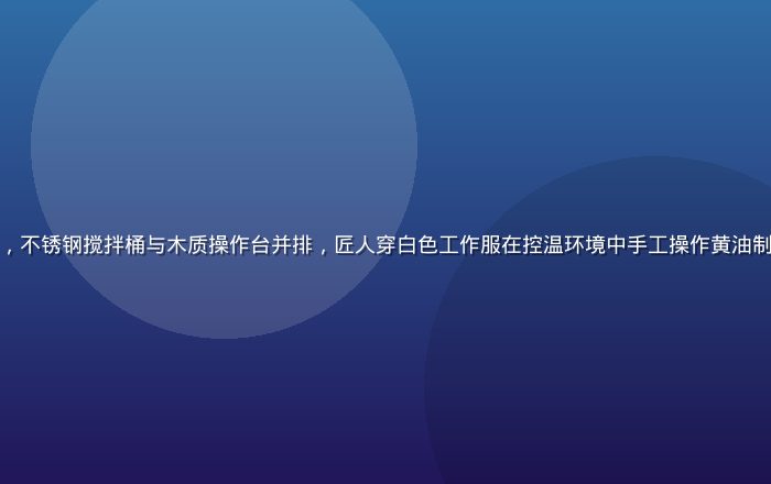 黄油作坊工坊内部，不锈钢搅拌桶与木质操作台并排，匠人穿白色工作服在控温环境中手工操作黄油制作，灯光明亮整洁